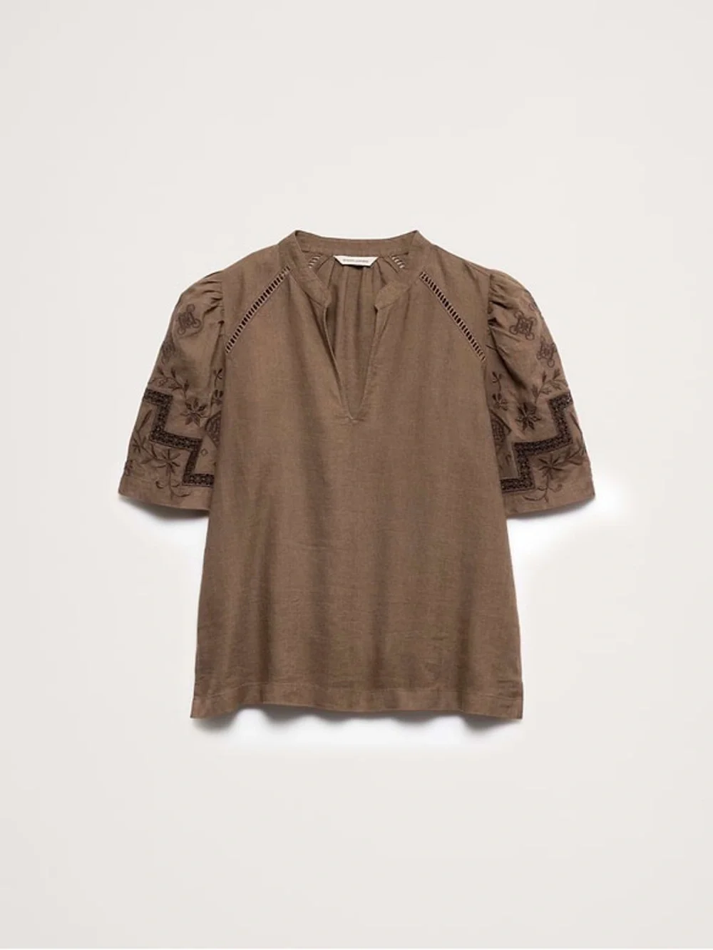 Banana Republic Brown Embroidered Puff-Sleeve Blouse, Size XS.